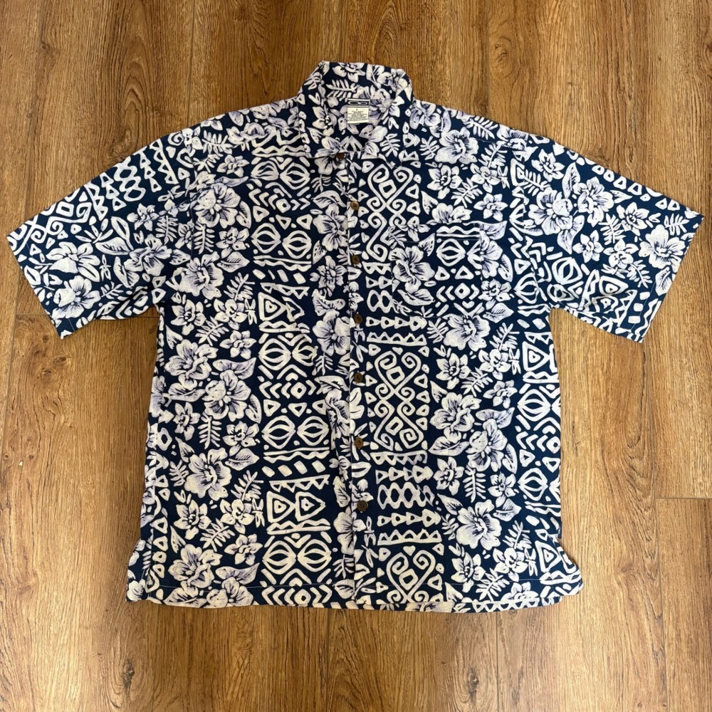 VTG OP Ocean Pacific Hawaiian Shirt‎ Navy AOP Button Up Mens L Single Stitch